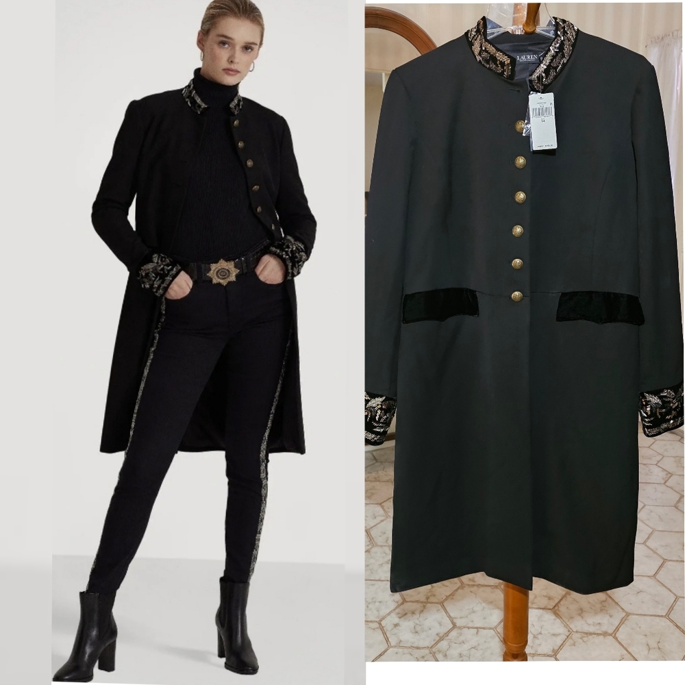 Ralph Lauren Embroidered Velvet & Sequins Trim Tricotine Coat - Picture 1 of 8